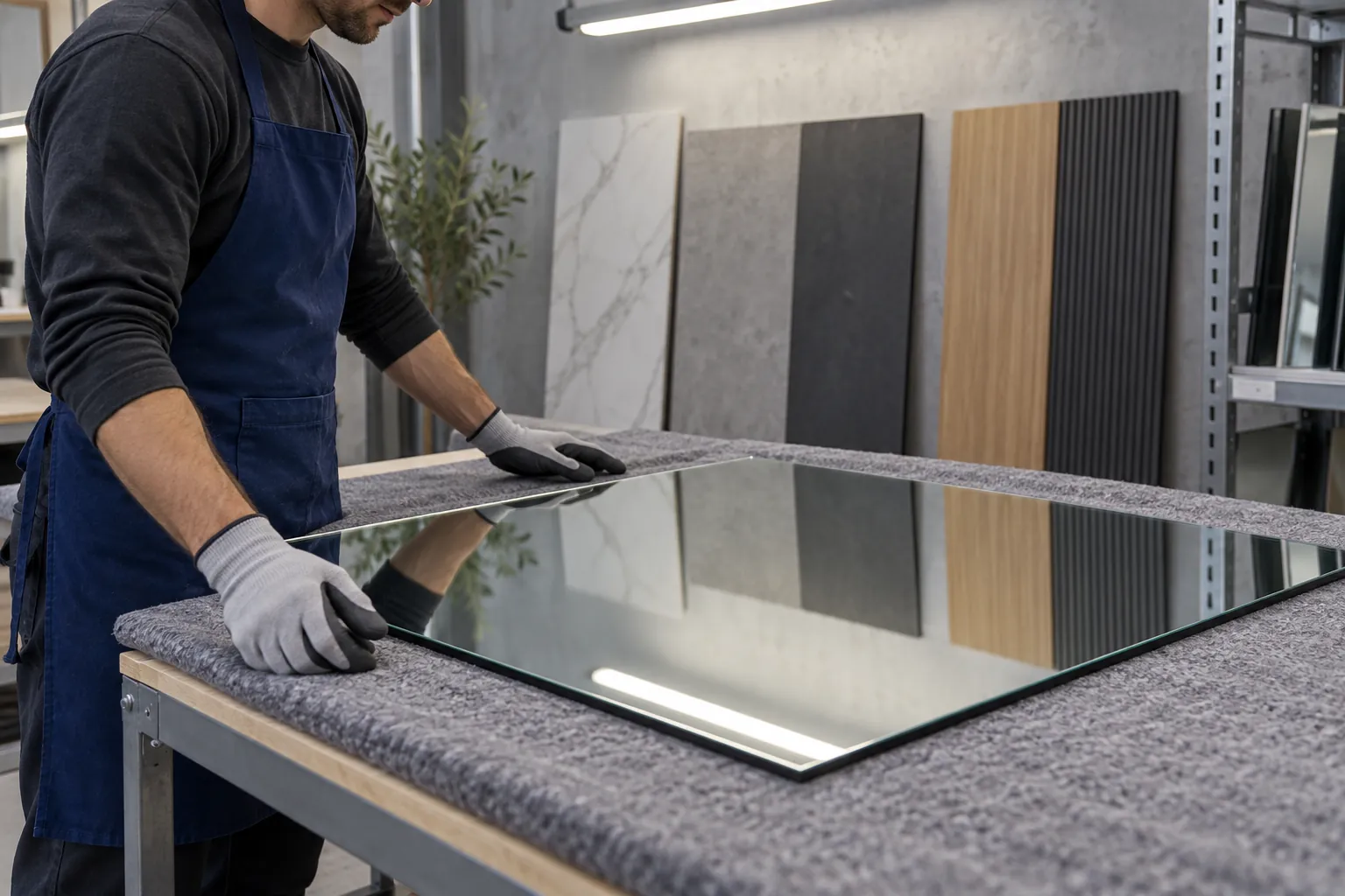 Gloved installer inspecting a mirror on a padded workshop bench