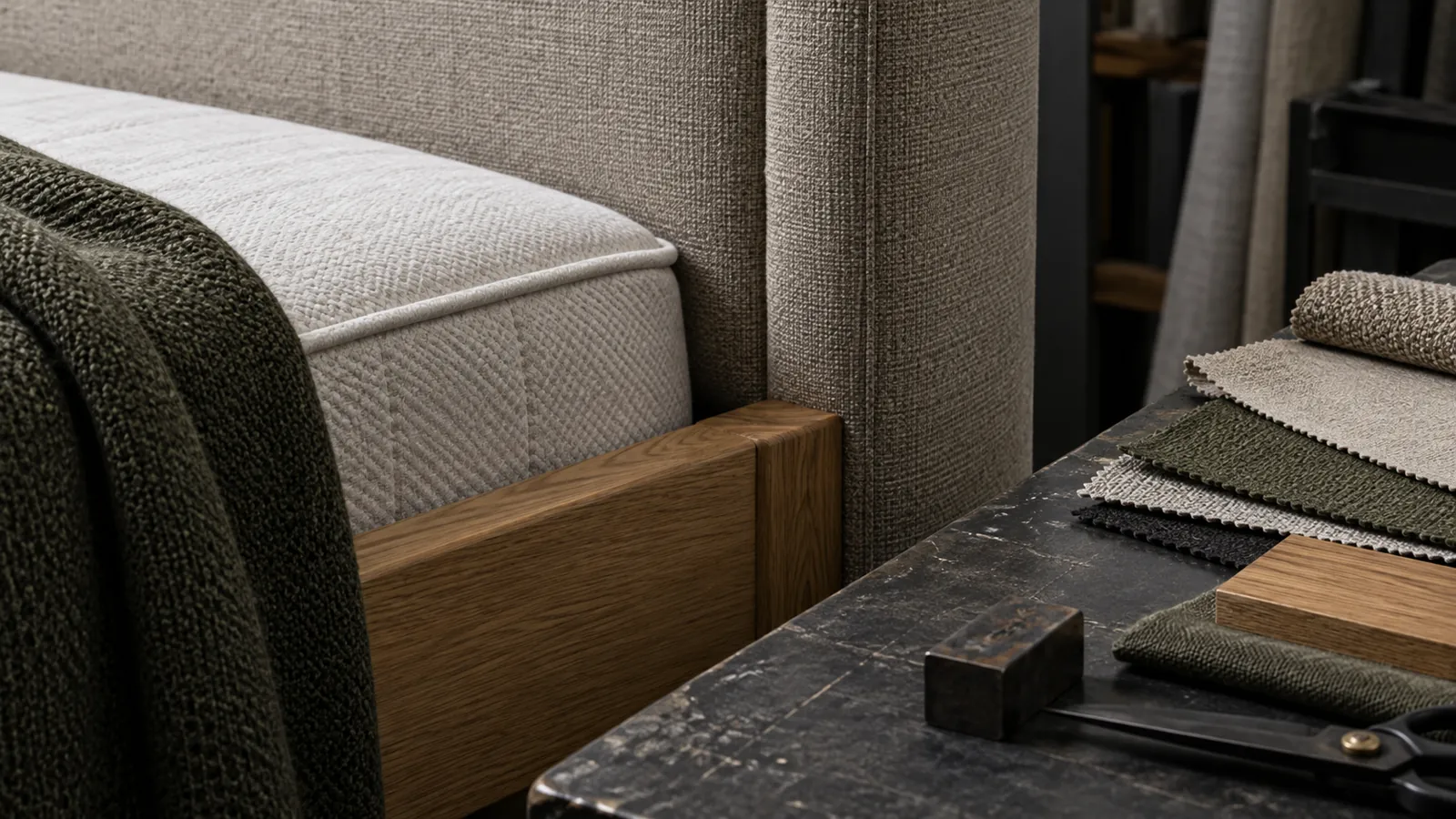 Headboard fabric, timber rail and mattress construction details