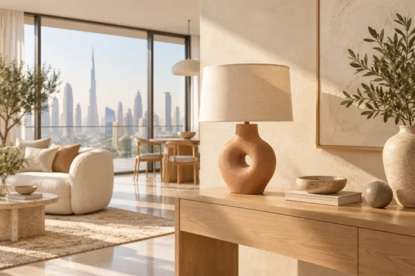 Illustrative airy Dubai console with a terracotta ceramic table lamp in morning light