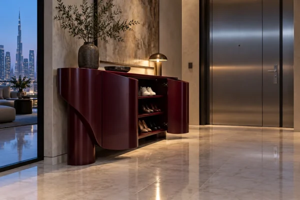 Illustrative burgundy shoe cabinet in a cool blue Dubai apartment entrance
