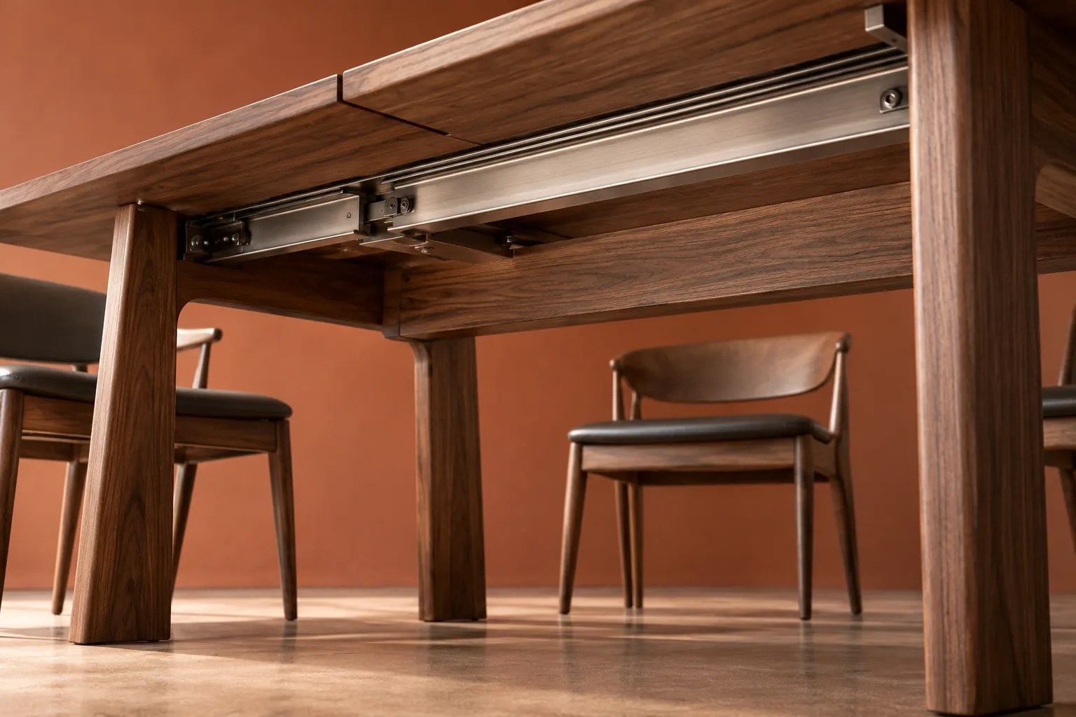 Illustrative close-up of a table extension rail and timber frame