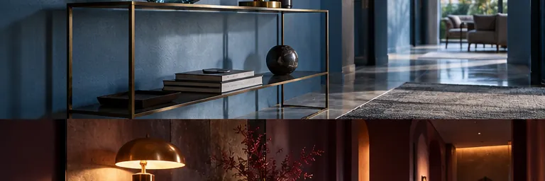 Illustrative cool blue foyer with a slim metal console and glass bowl