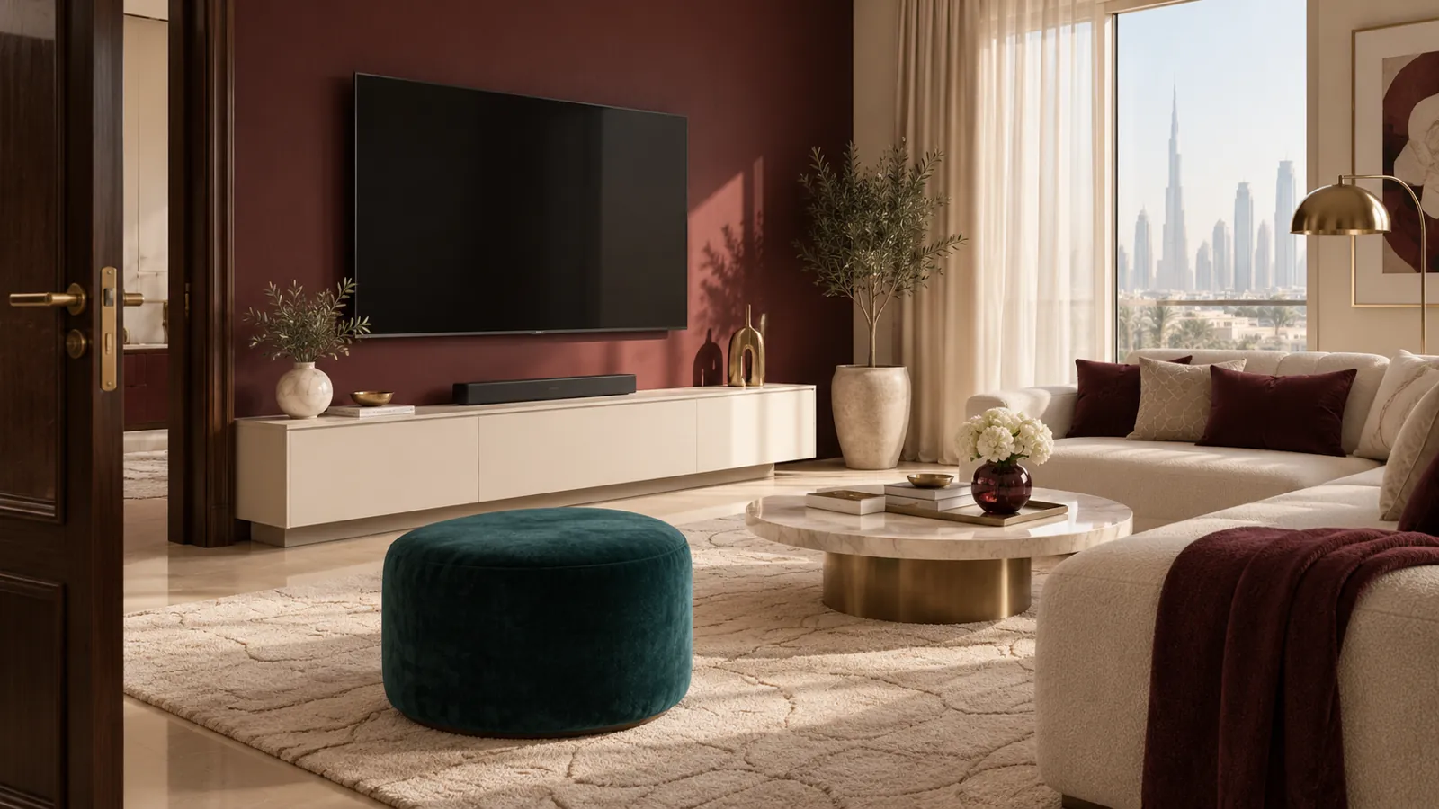 Illustrative cream television cabinet and teal ottoman against a burgundy wall