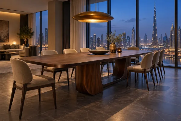 Illustrative dark walnut extending table in a cobalt twilight dining room