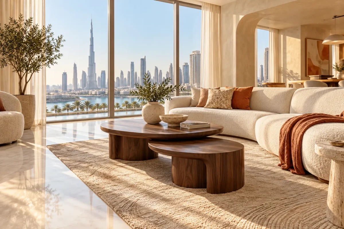 Illustrative Dubai living room with walnut nesting tables in warm daylight