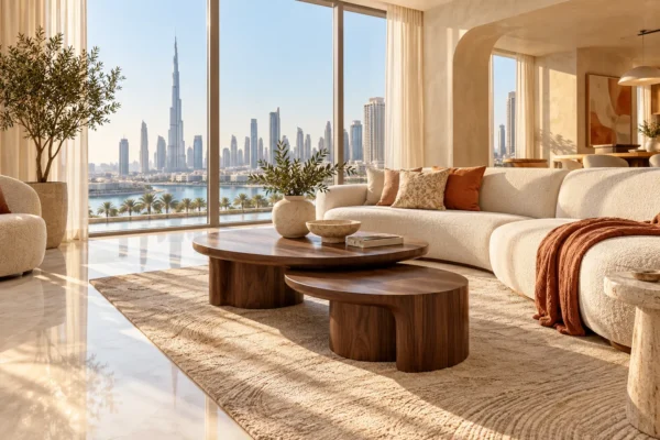 Illustrative Dubai living room with walnut nesting tables in warm daylight