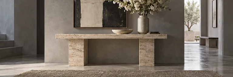 Illustrative grey entry with travertine console, abstract art and white flowers
