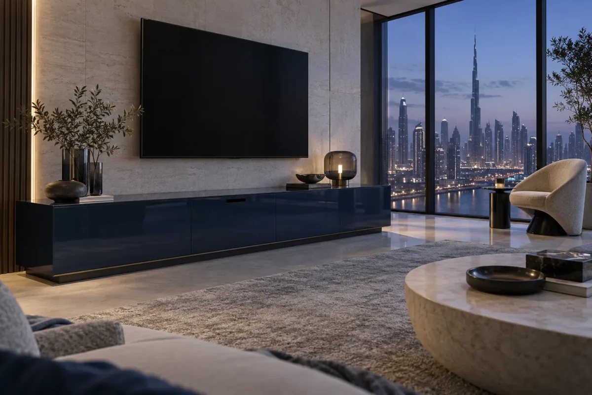 Illustrative navy media unit beneath a wall-mounted television in a cool dusk lounge