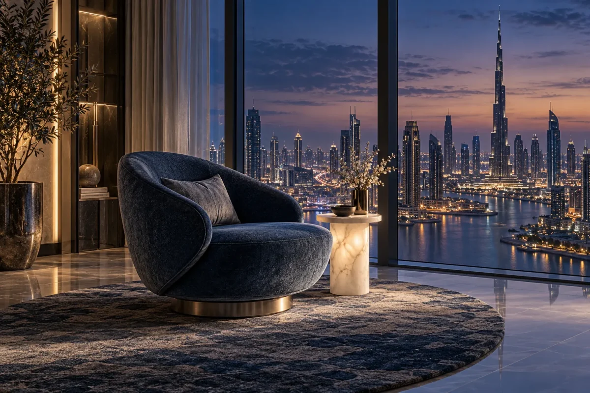 Illustrative navy swivel armchair in a cool Dubai apartment at dusk
