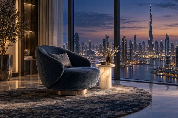 Illustrative navy swivel armchair in a cool Dubai apartment at dusk