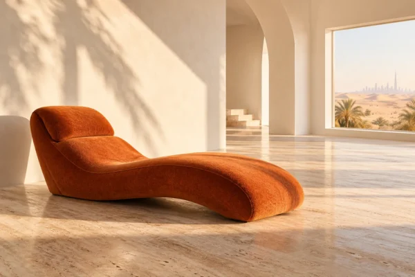 Illustrative orange chaise longue in a sunlit cream Dubai interior