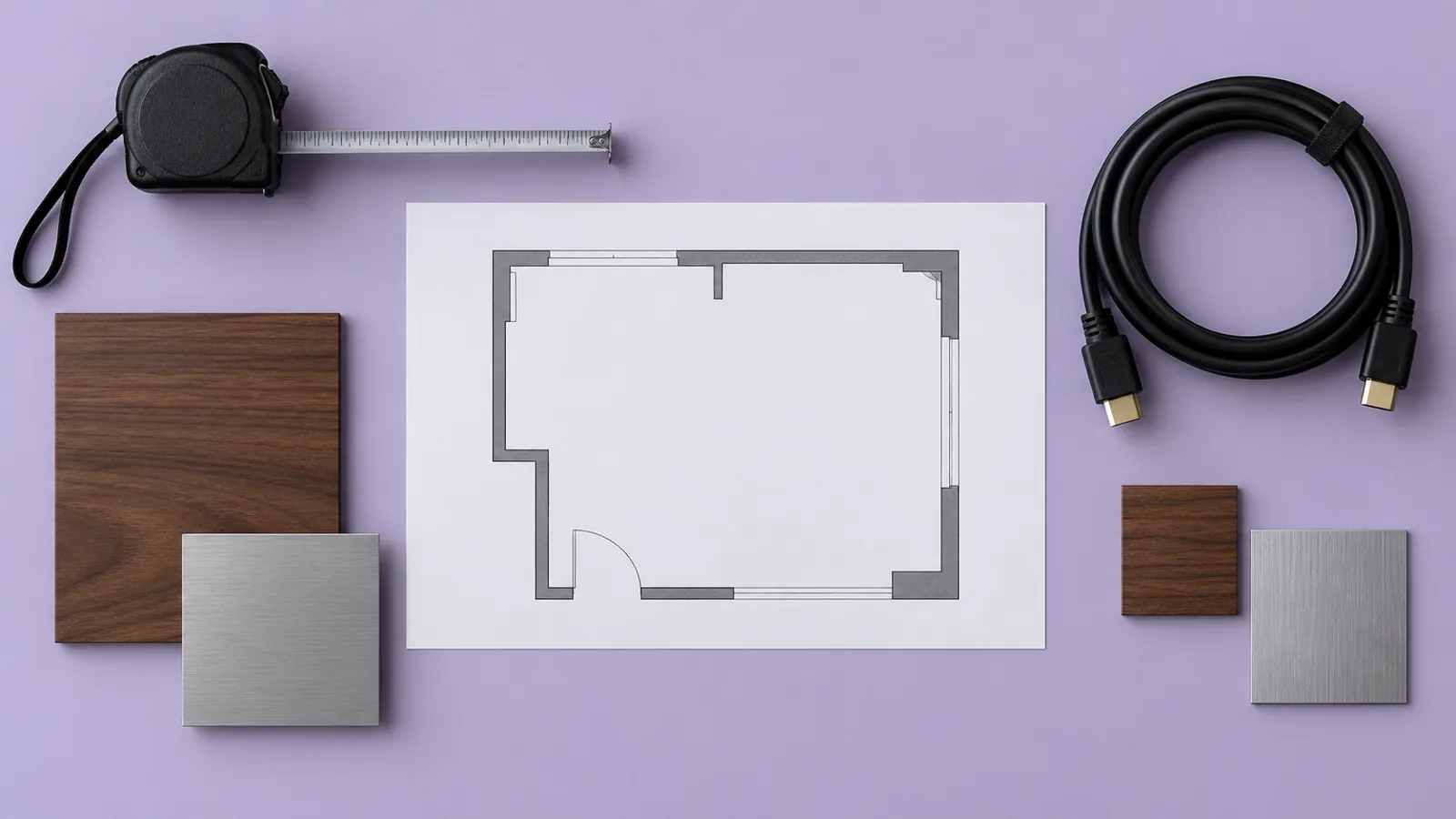 Illustrative planning desk with cable, tape measure and finish samples