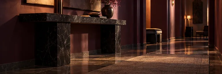 Illustrative plum corridor with dark stone console and amber table lamp
