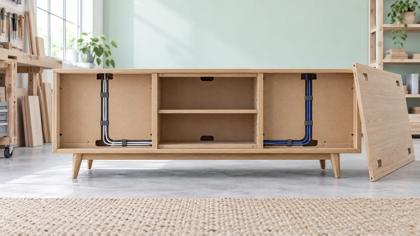 Illustrative rear view of an oak media cabinet with cable routes and a removable panel