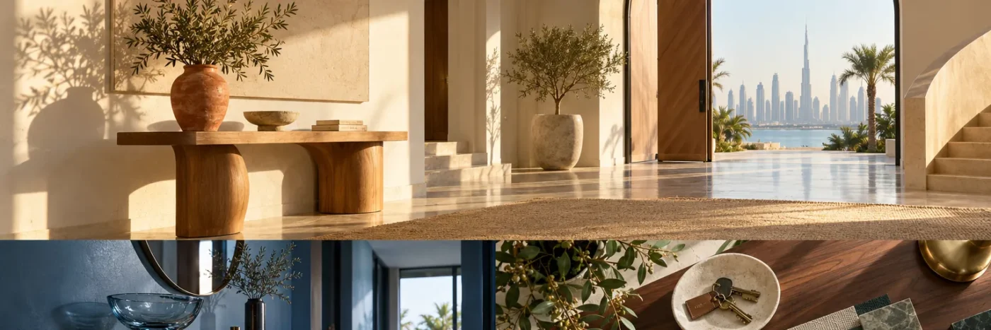 Illustrative sunlit ivory entrance with a honey oak console and terracotta vase