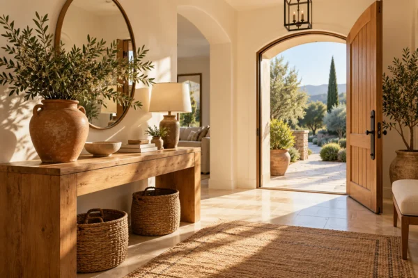 Illustrative sunlit ivory entrance with a honey oak console and terracotta vase