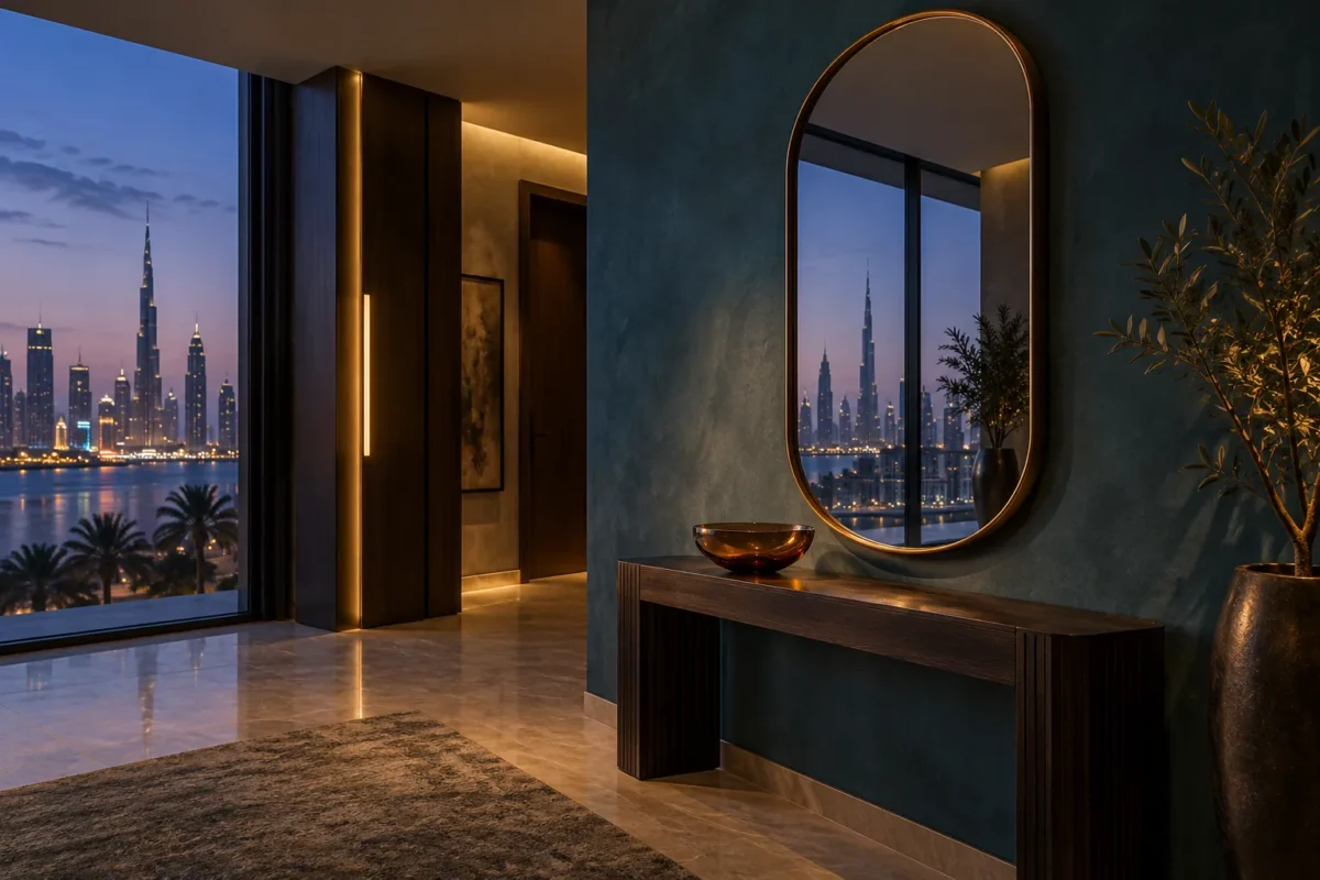 Illustrative teal Dubai entrance with an arched brass mirror at dusk