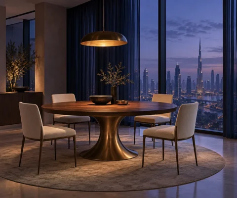 Illustrative walnut round dining table with ivory chairs in a cool indigo room at dusk