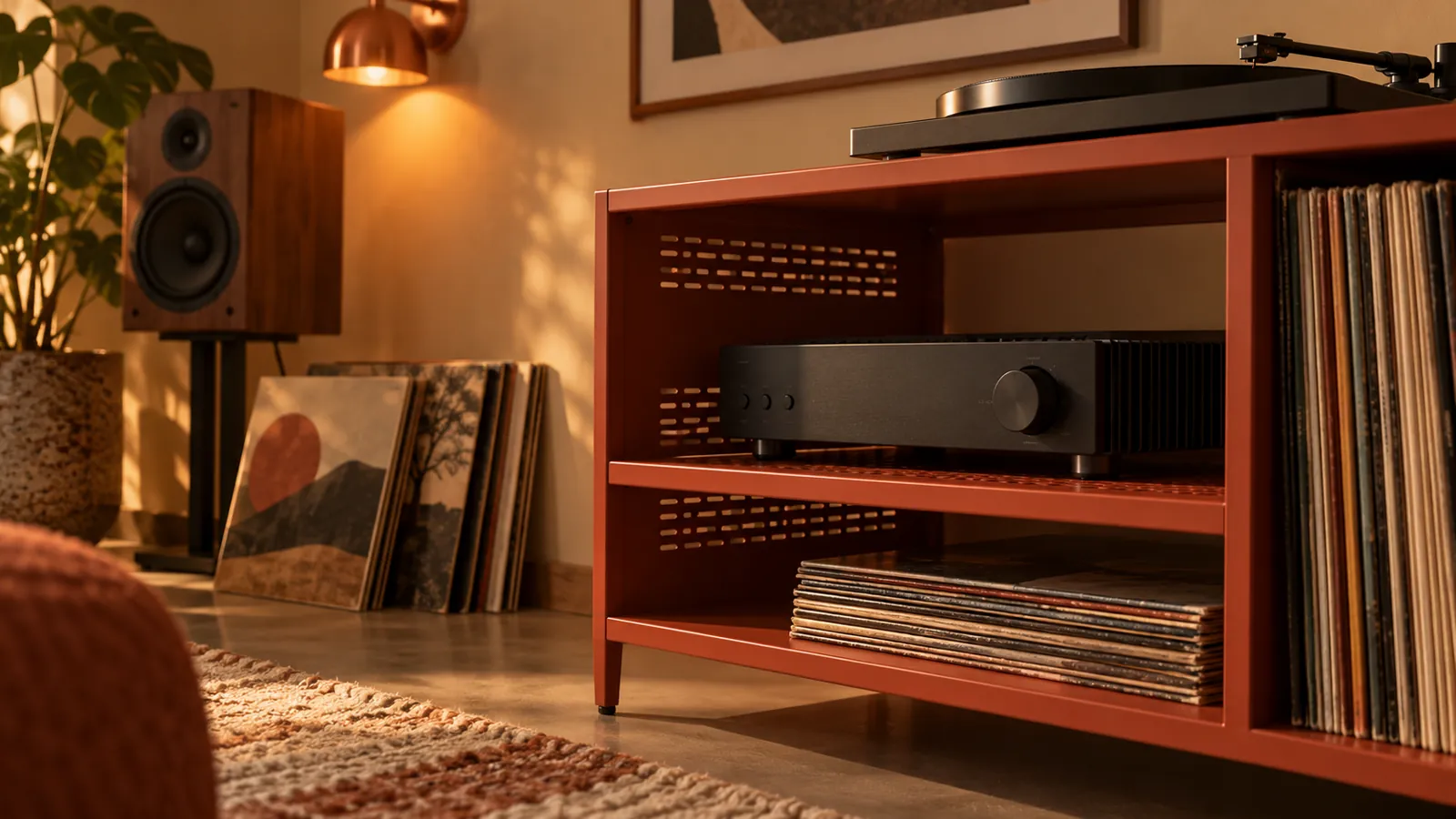 Illustrative warmly lit audio console with amplifier and record storage
