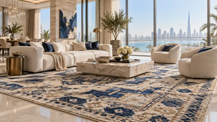 Large geometric rug anchoring a bright Dubai penthouse seating group