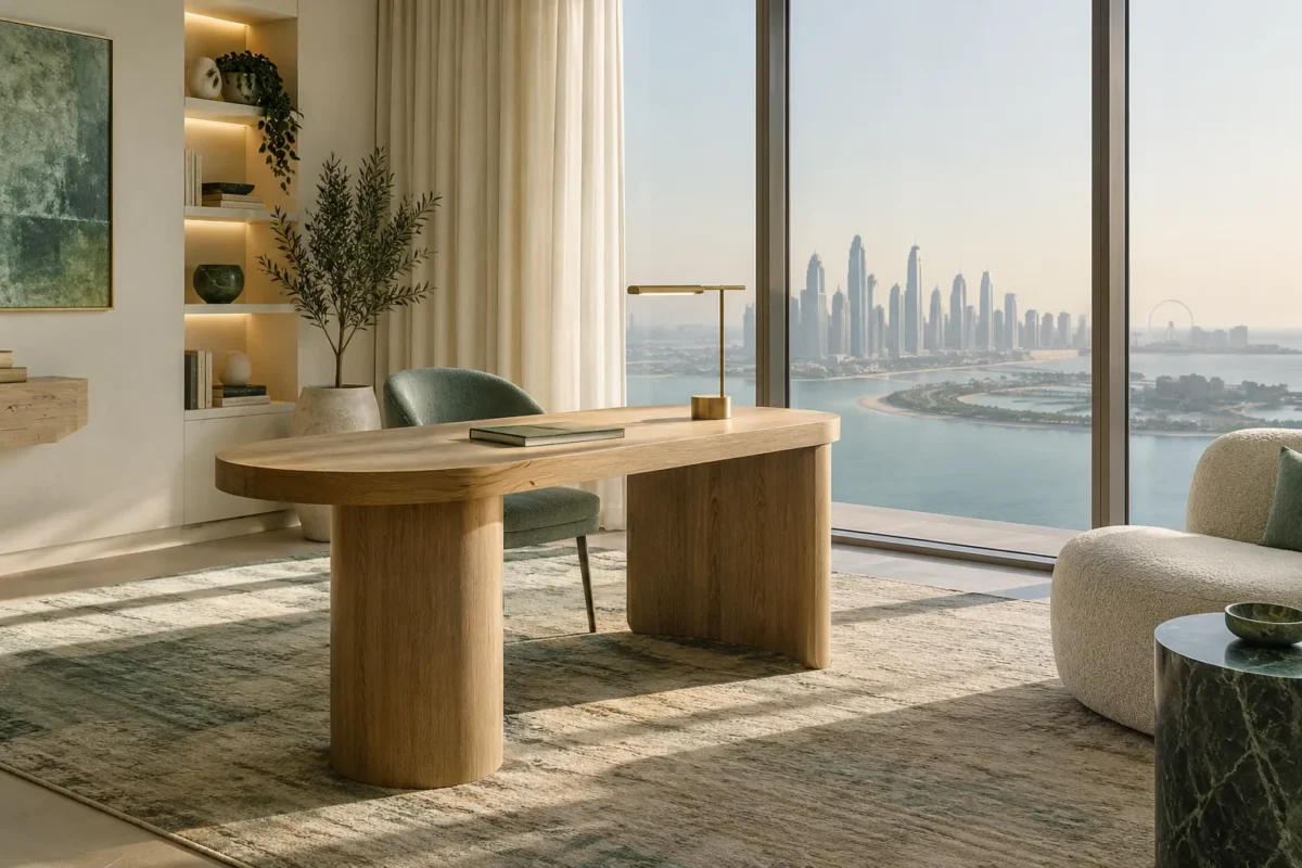 Light wood desk and green chair in a bright waterfront home office