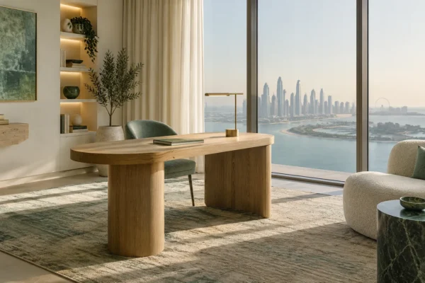 Light wood desk and green chair in a bright waterfront home office