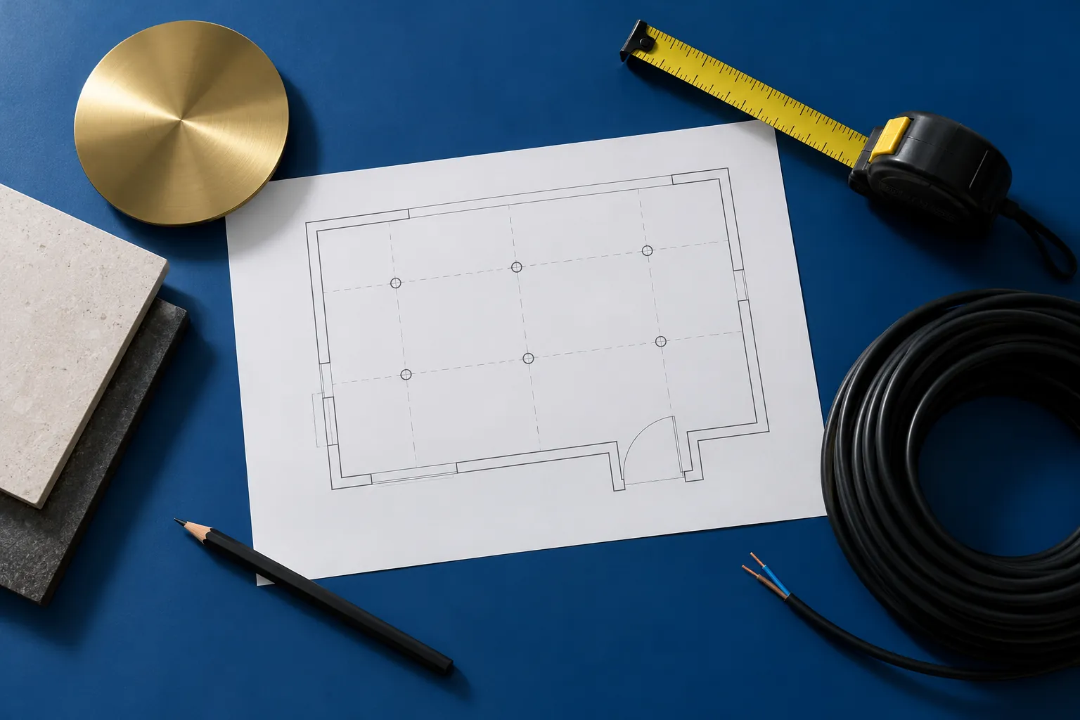 Lighting-plan materials and cable on a cobalt workbench