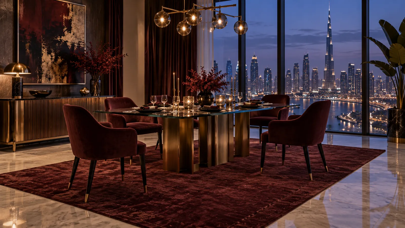 Low-pile burgundy rug beneath a Dubai dining table at blue hour