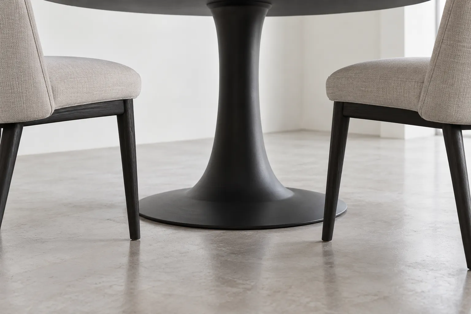 Low view of a pedestal table base beside dining chair legs