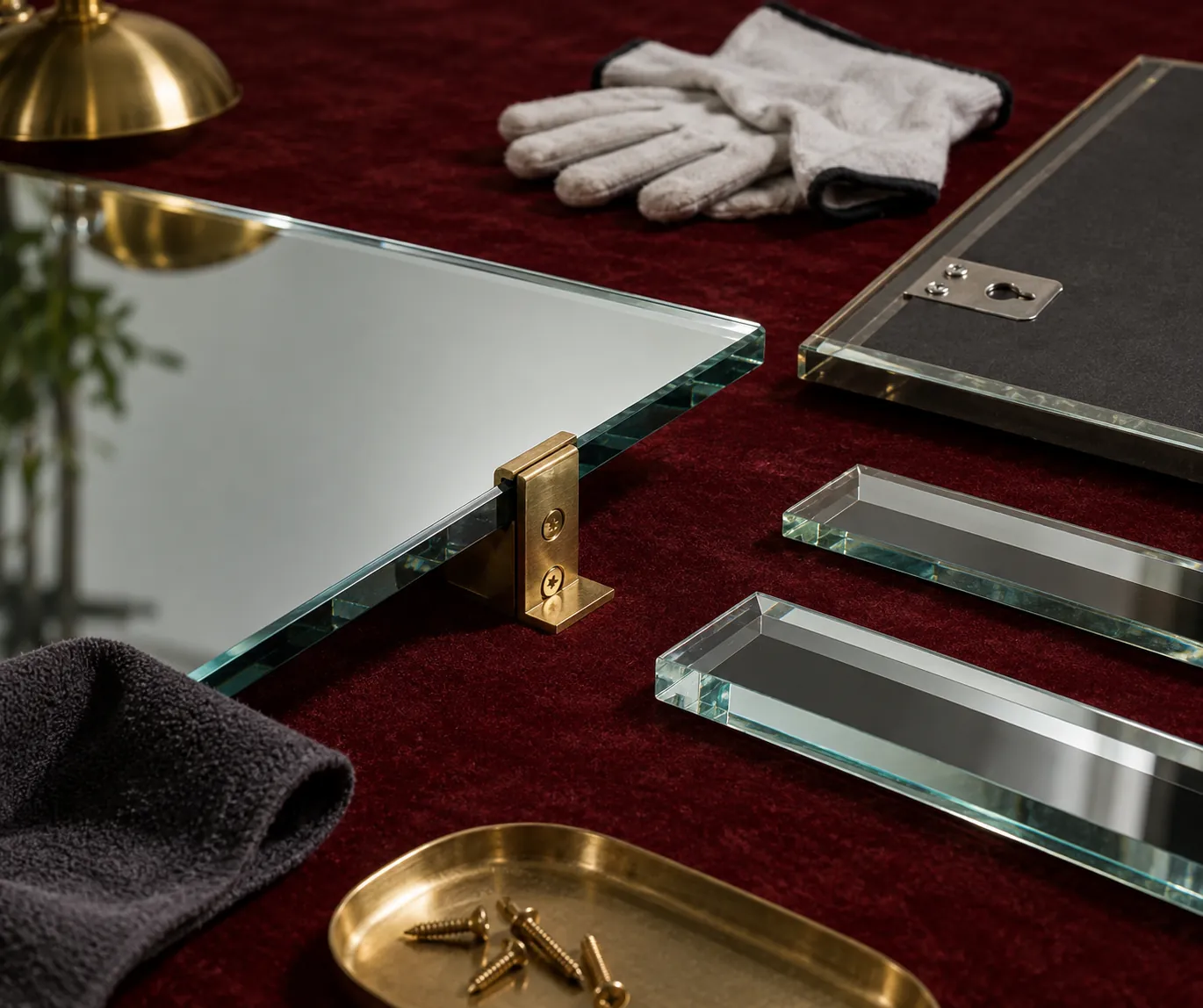 Mirror edge samples, mounting hardware and safety backing on a bench