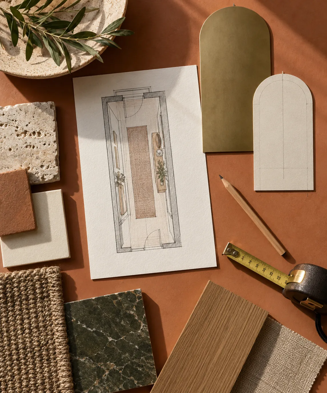 Mirror templates, hallway plan and material samples on a design table