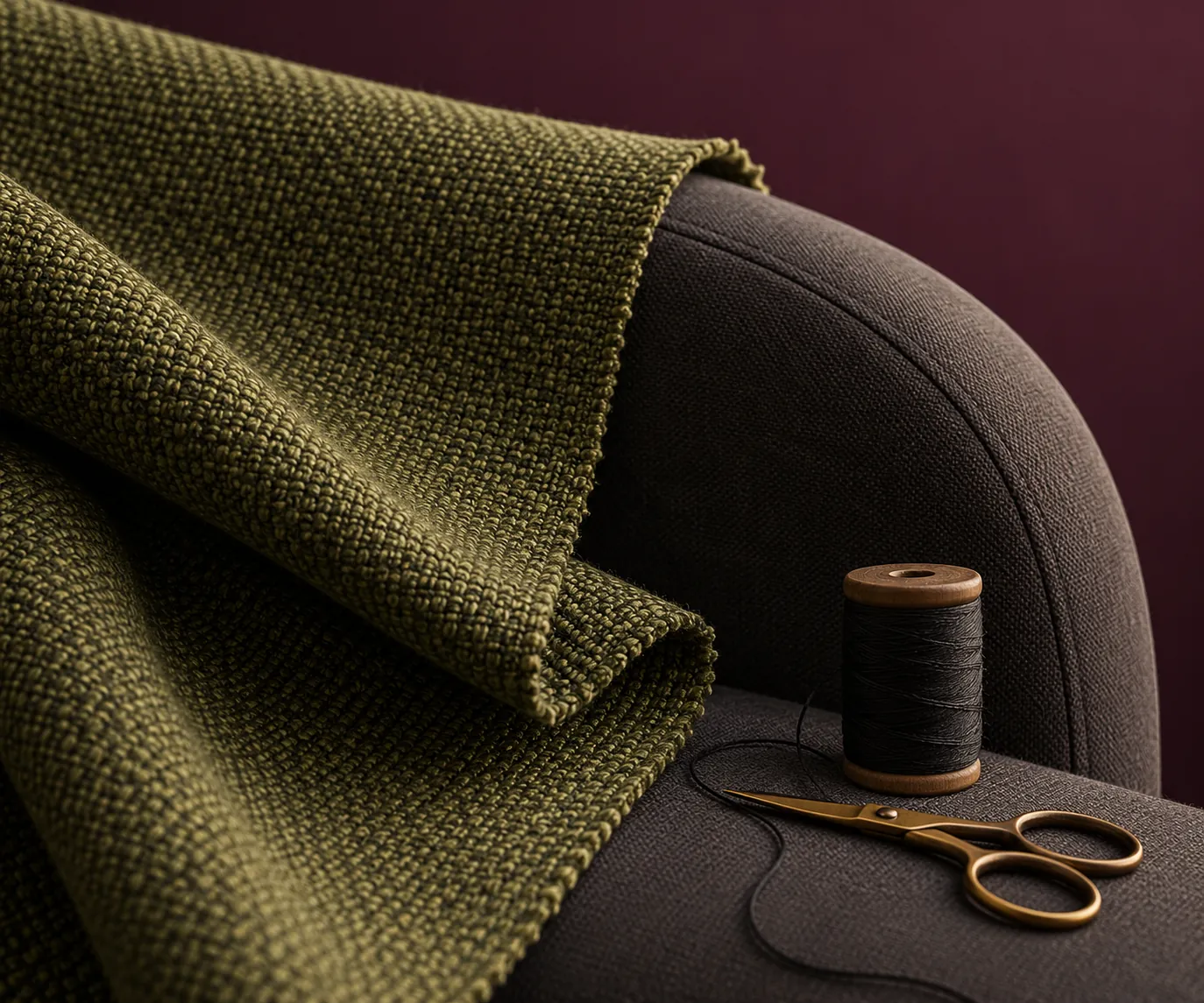 Moss upholstery sample with scissors and thread against a plum background