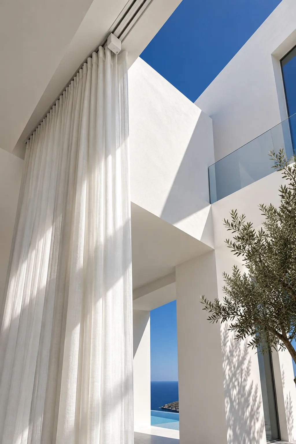 Motorised curtain stack viewed upward in a white villa atrium