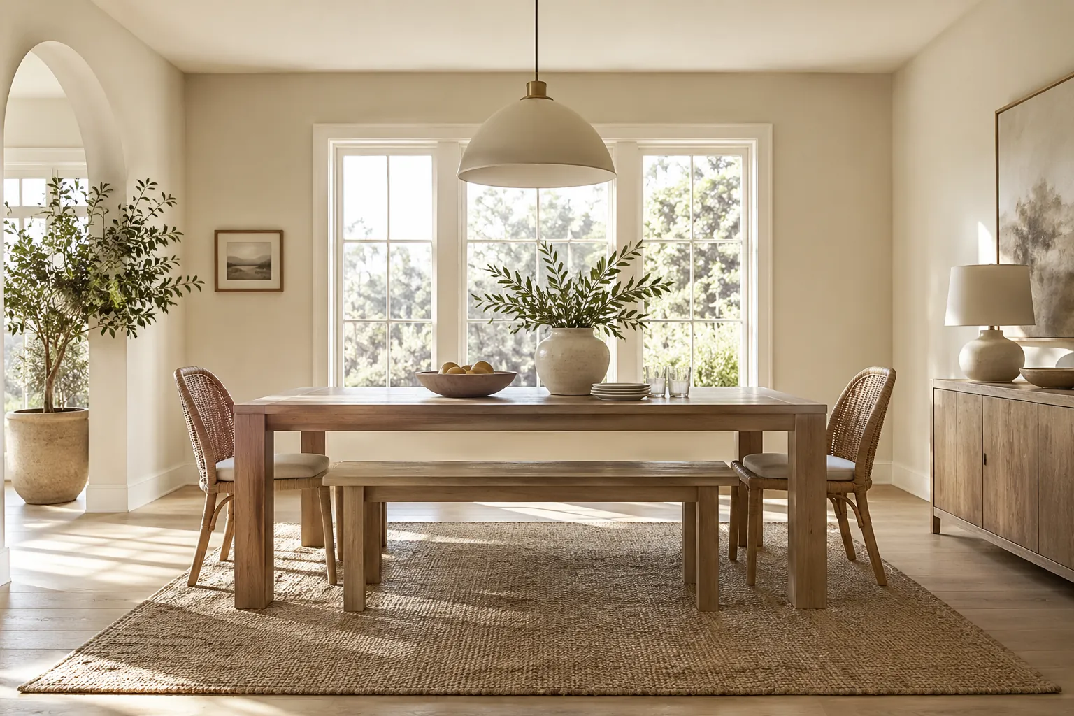 Oak backless bench tucked beneath a breakfast table