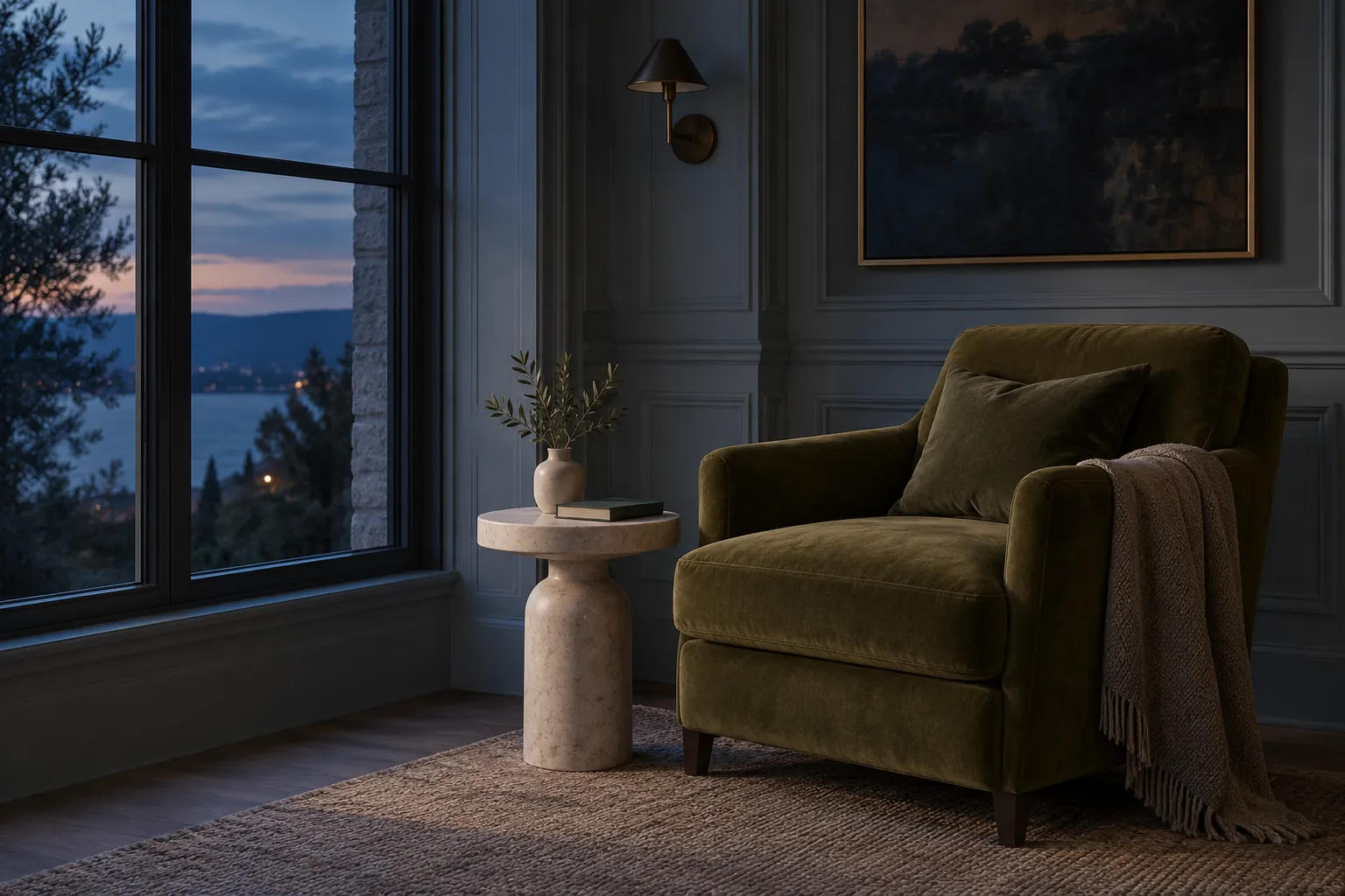 Olive armchair and separate occasional table in a blue dusk reading nook
