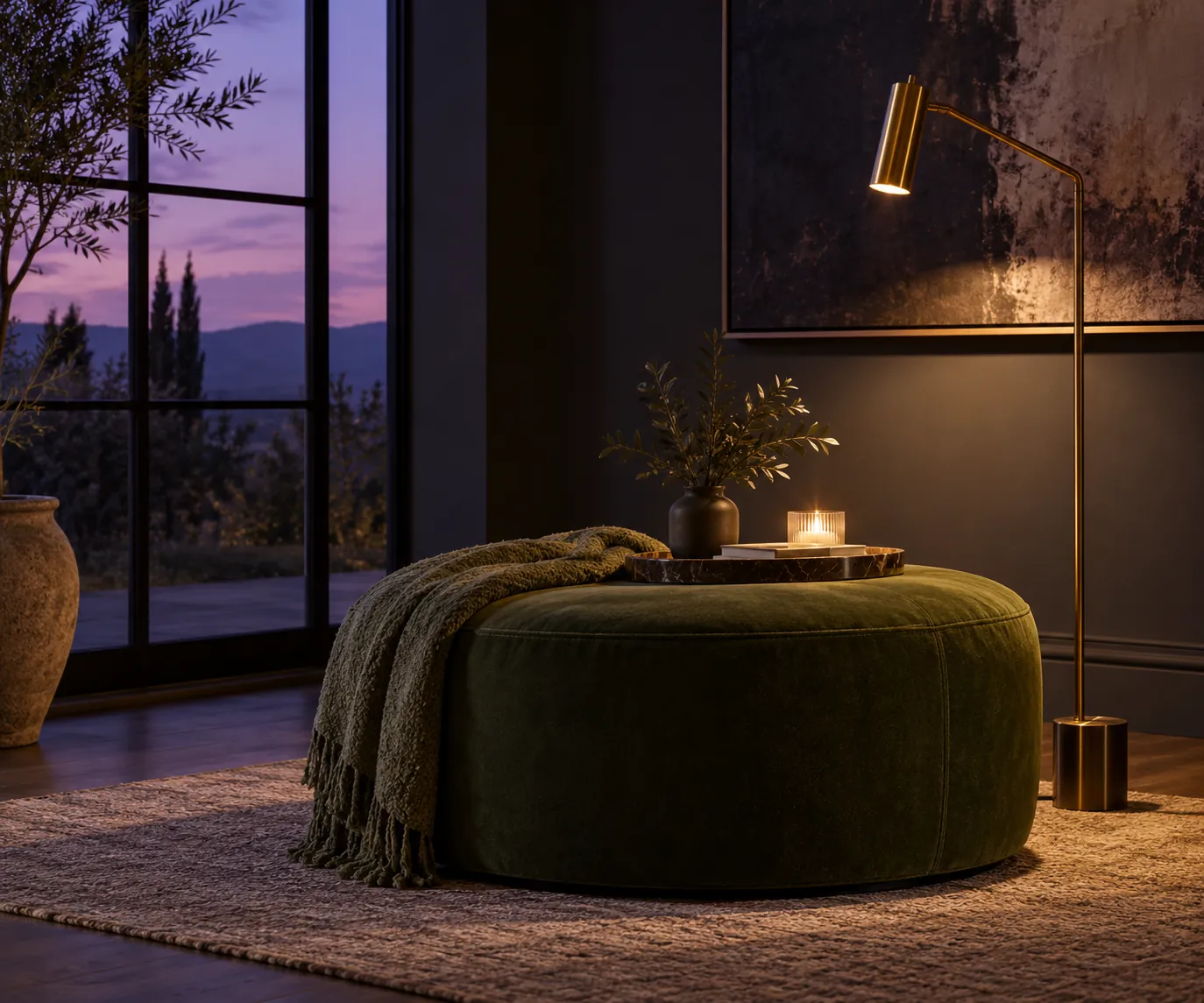 Olive ottoman and brass reading lamp in a dark violet evening corner