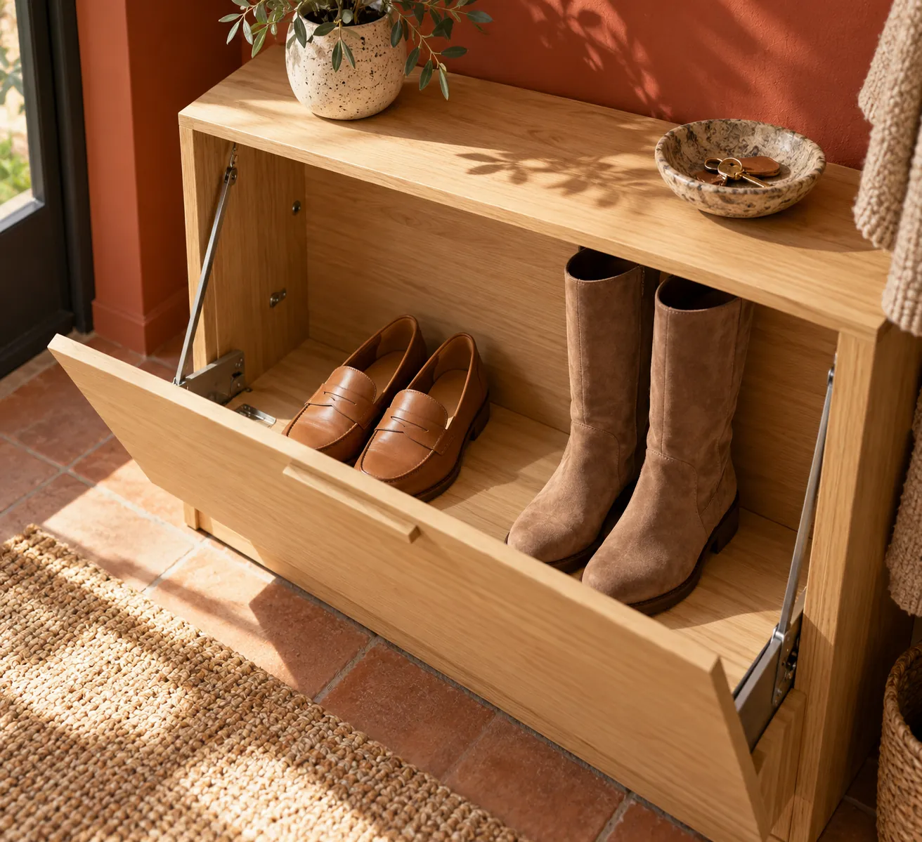 Open oak shoe compartment with loafers and tall suede boots in warm light