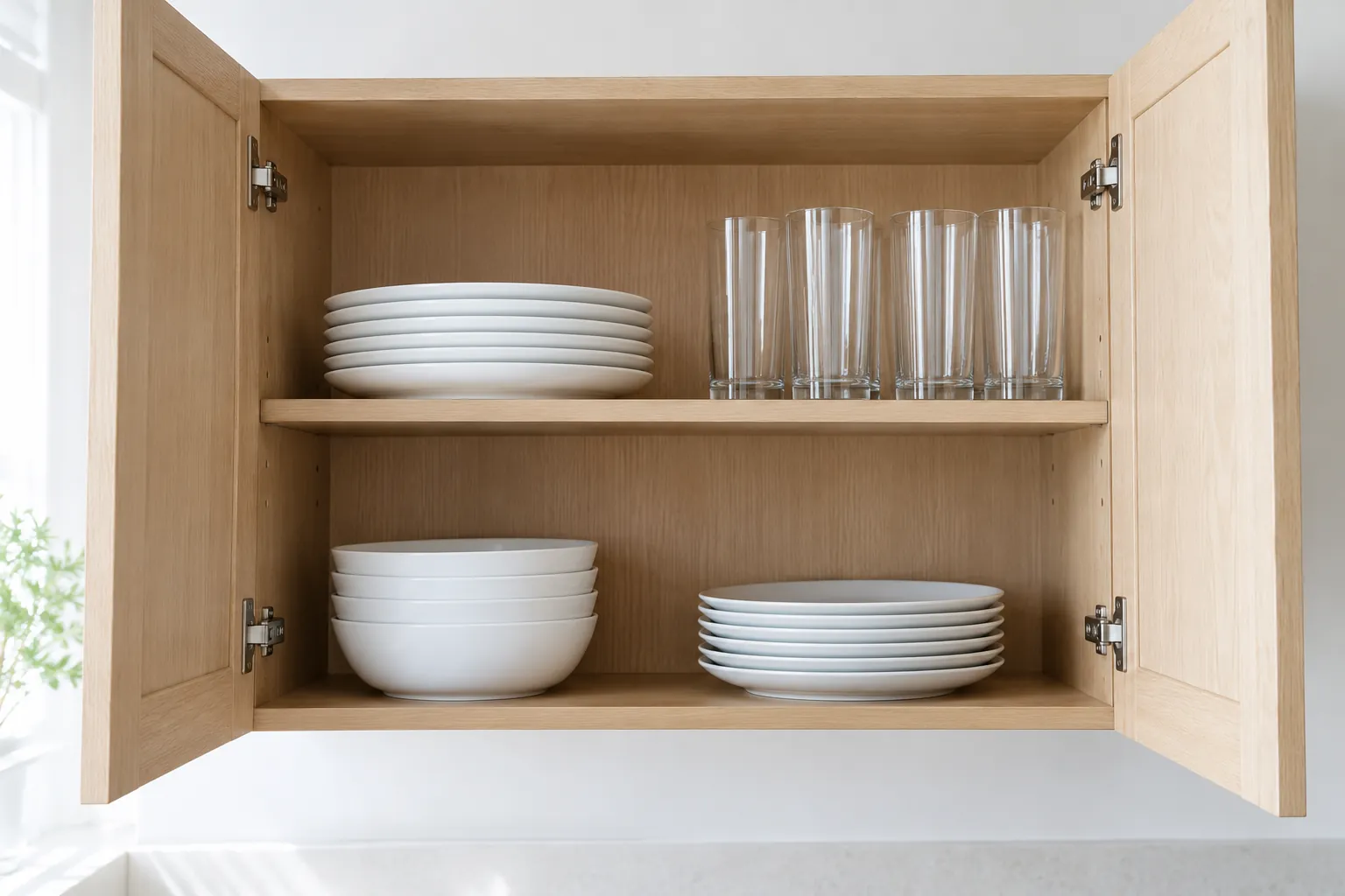 Open pale oak cabinet with plates and glassware on separate shelves