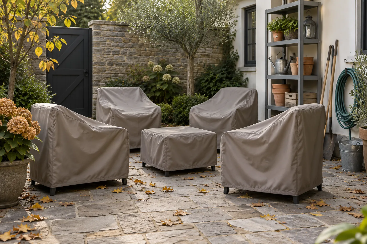 Outdoor chairs and table beneath grey protective covers in a courtyard