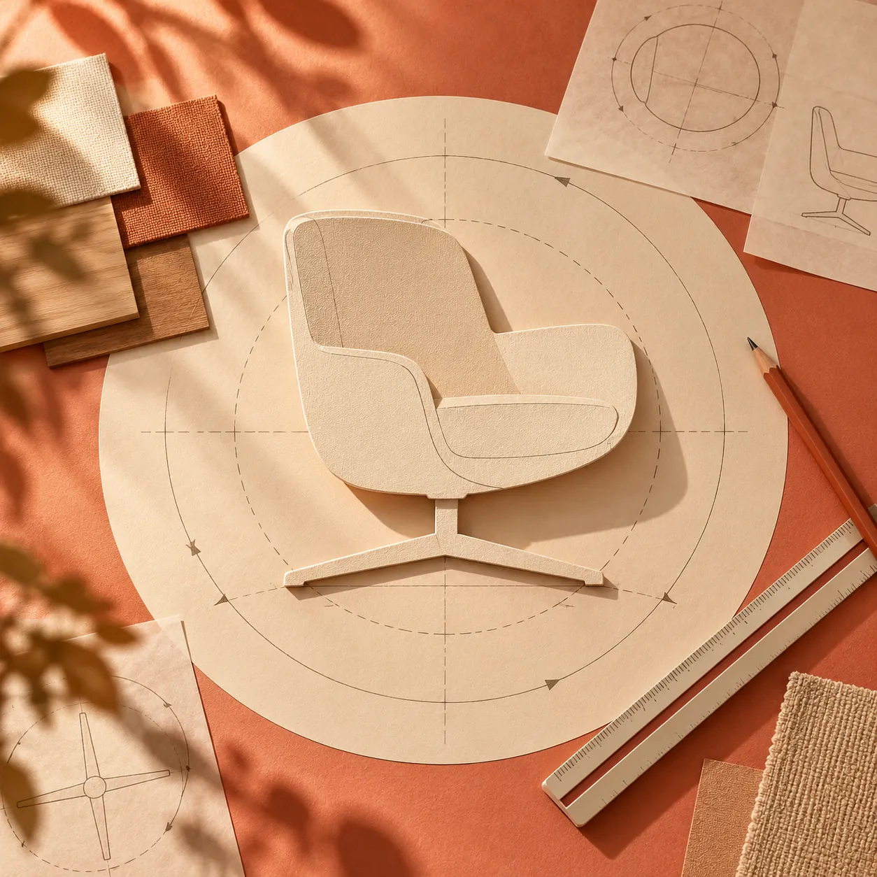 Overhead coral planning desk with chair silhouette and turning-space template