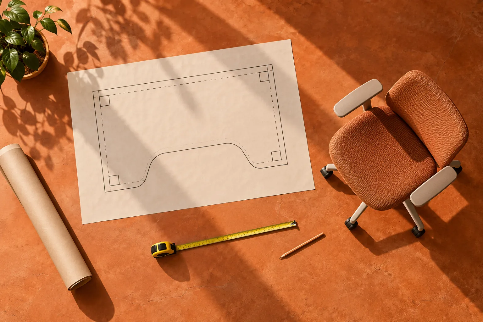 Overhead desk footprint drawing and orange office chair