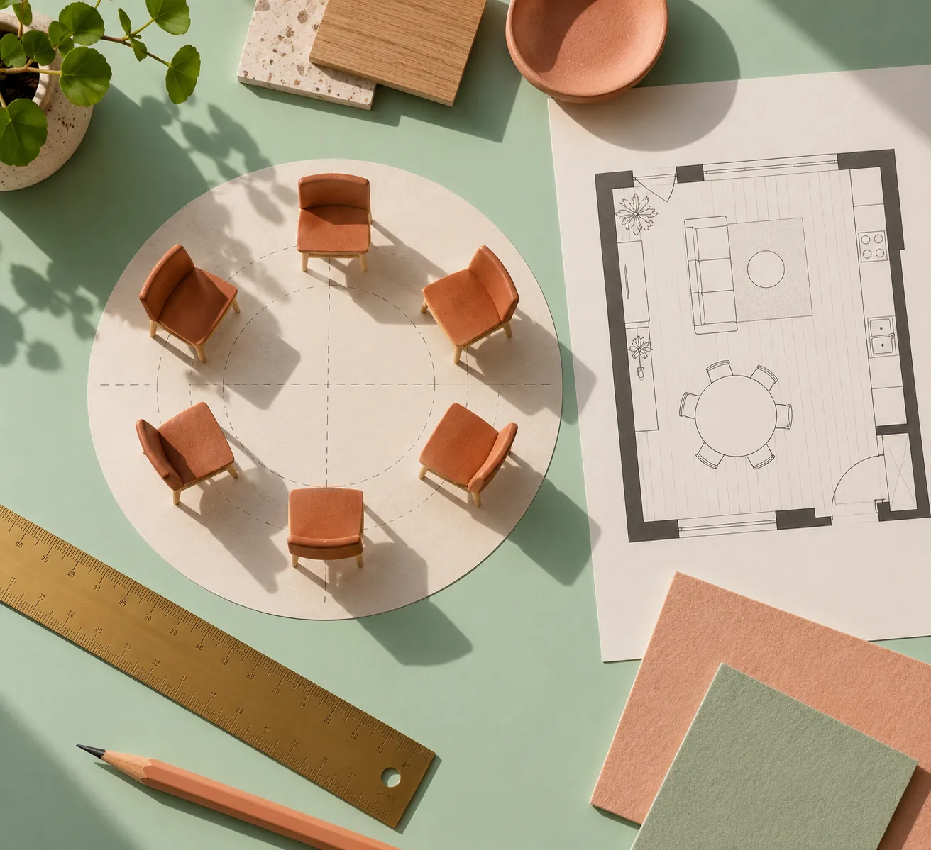 Overhead dining-layout model with paper tabletop circle and miniature terracotta chairs