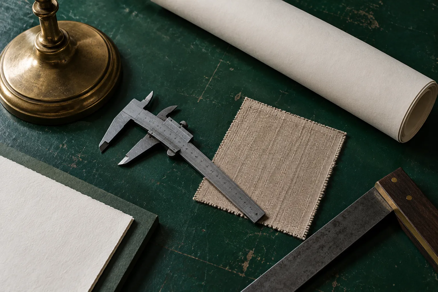 Overhead emerald workbench with a brass lamp base, callipers and a linen swatch