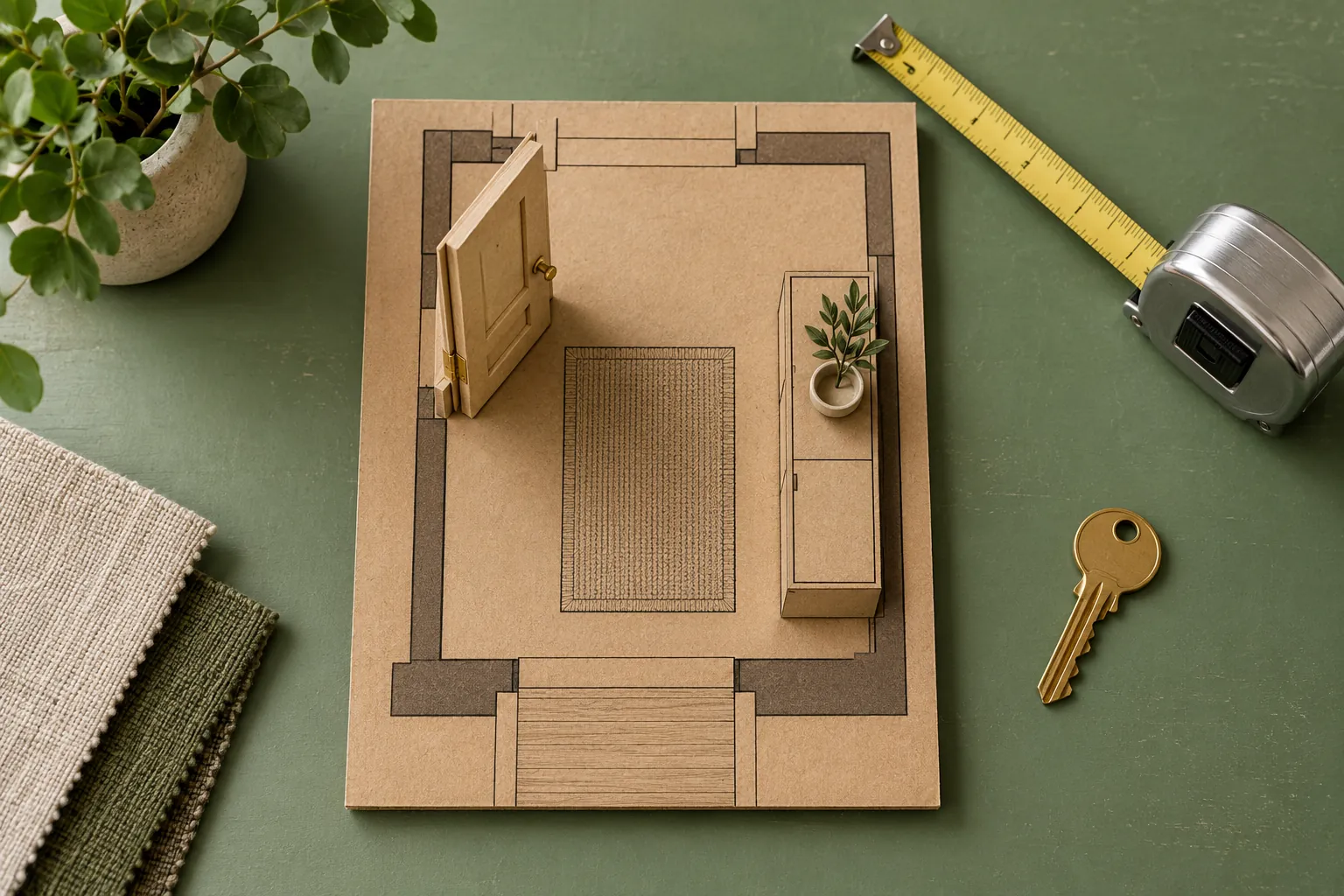 Overhead entrance planning model with a miniature door and tape measure