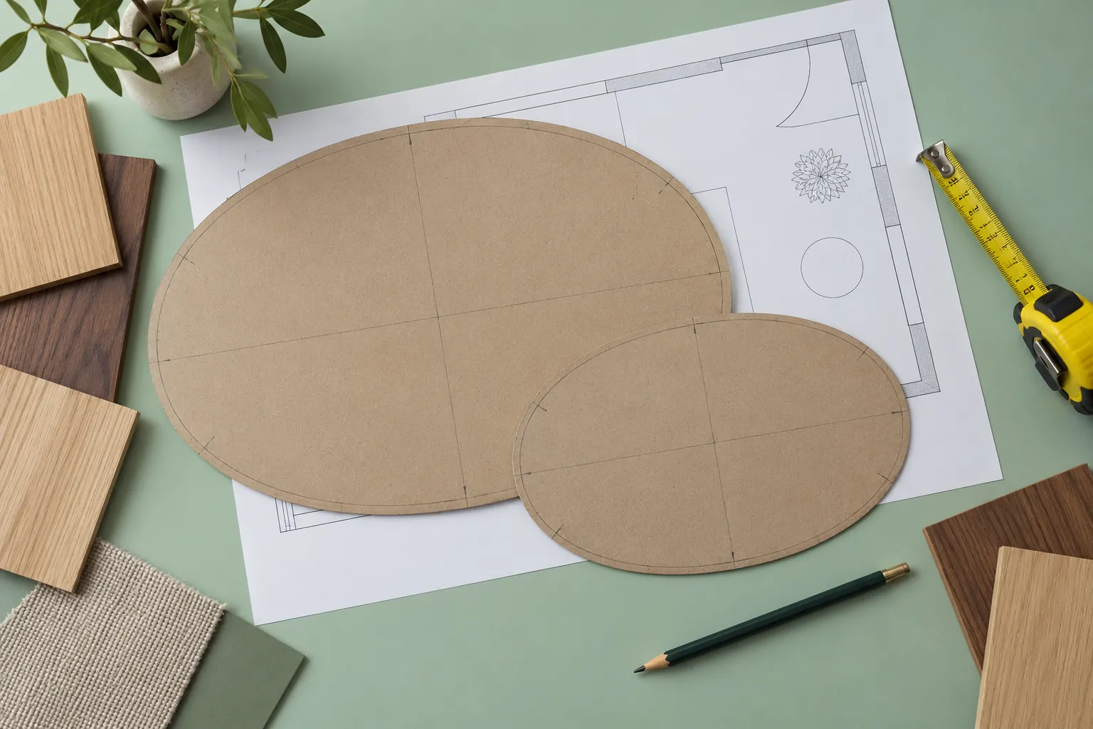 Overhead mint design desk with oval table templates and material samples