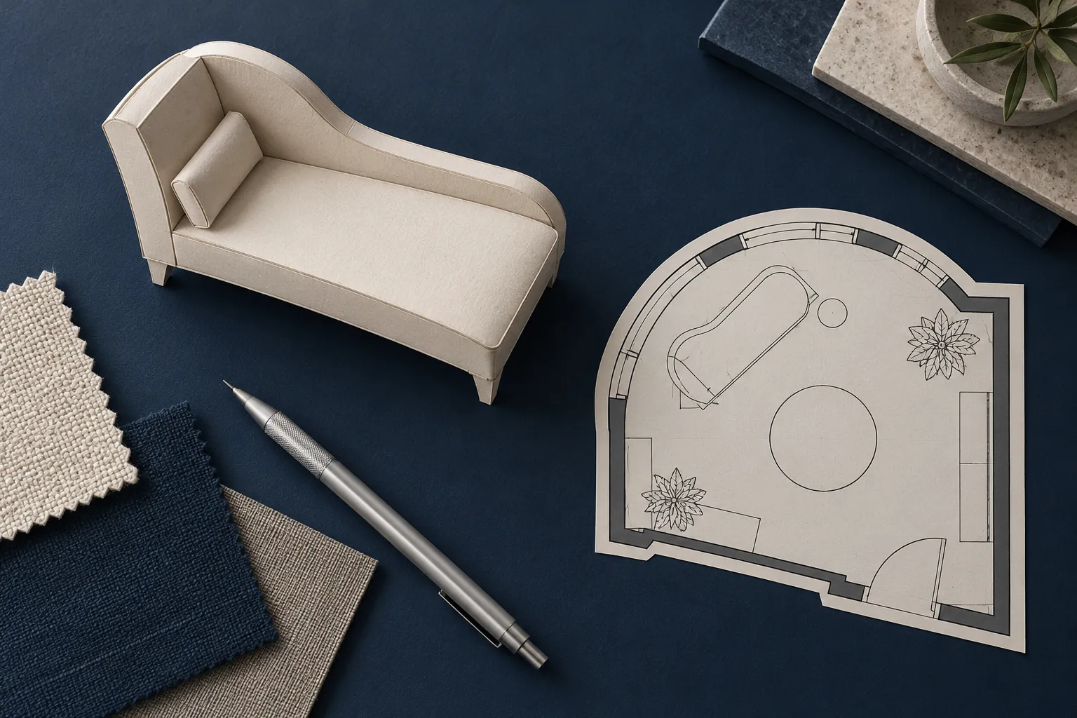 Overhead navy planning desk with a miniature chaise and floor-plan cutout