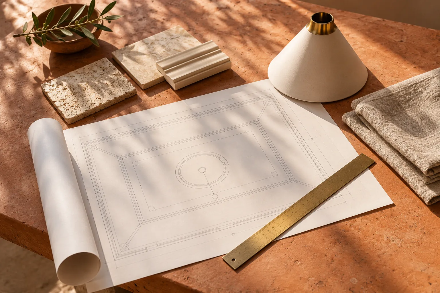 Overhead terracotta design desk with a ceiling plan, ruler and shade sample