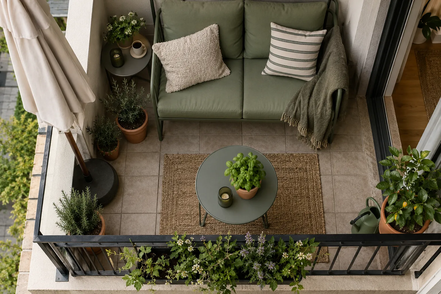 Overhead view of compact balcony with sage-green loveseat and umbrella