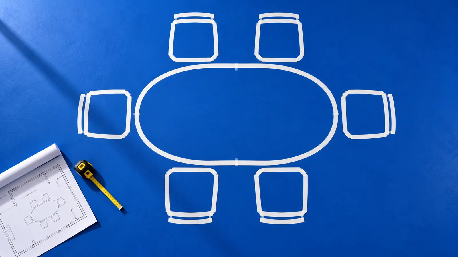 Overhead view of dining chair footprints and a table plan on a blue studio floor