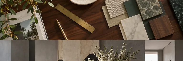 Overhead walnut worktable with keys, ruler and material samples in green daylight